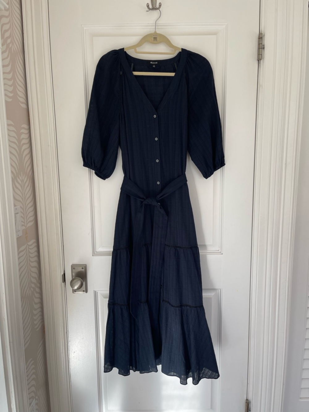 Madewell Midi | Maxi Prairie Dress, 100% Cotton Navy Windowpane, Size 8-10